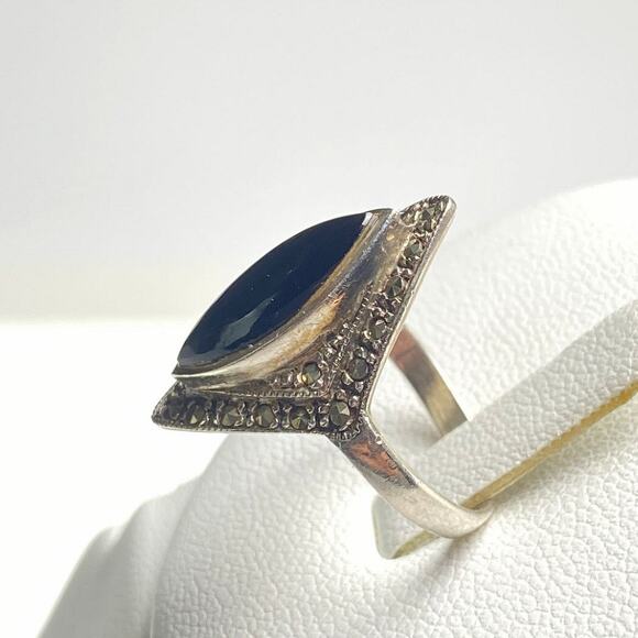Sterling Silver Marcasite Black Onyx Art Deco Style Ring 925 Size 5.5 - Picture 3 of 10